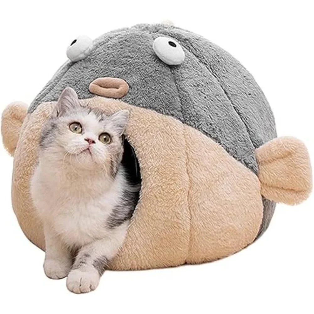 Cat Bed Cave Indoor for Cats with Removable Pillow Super Soft Tent Pufferfish